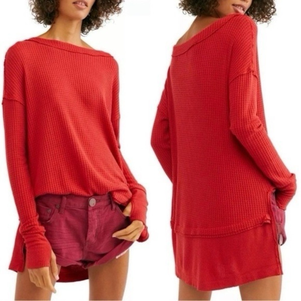 Free People Top Women's SMALL North Shore Thermal Knit Tunic Phoenix Layered Red